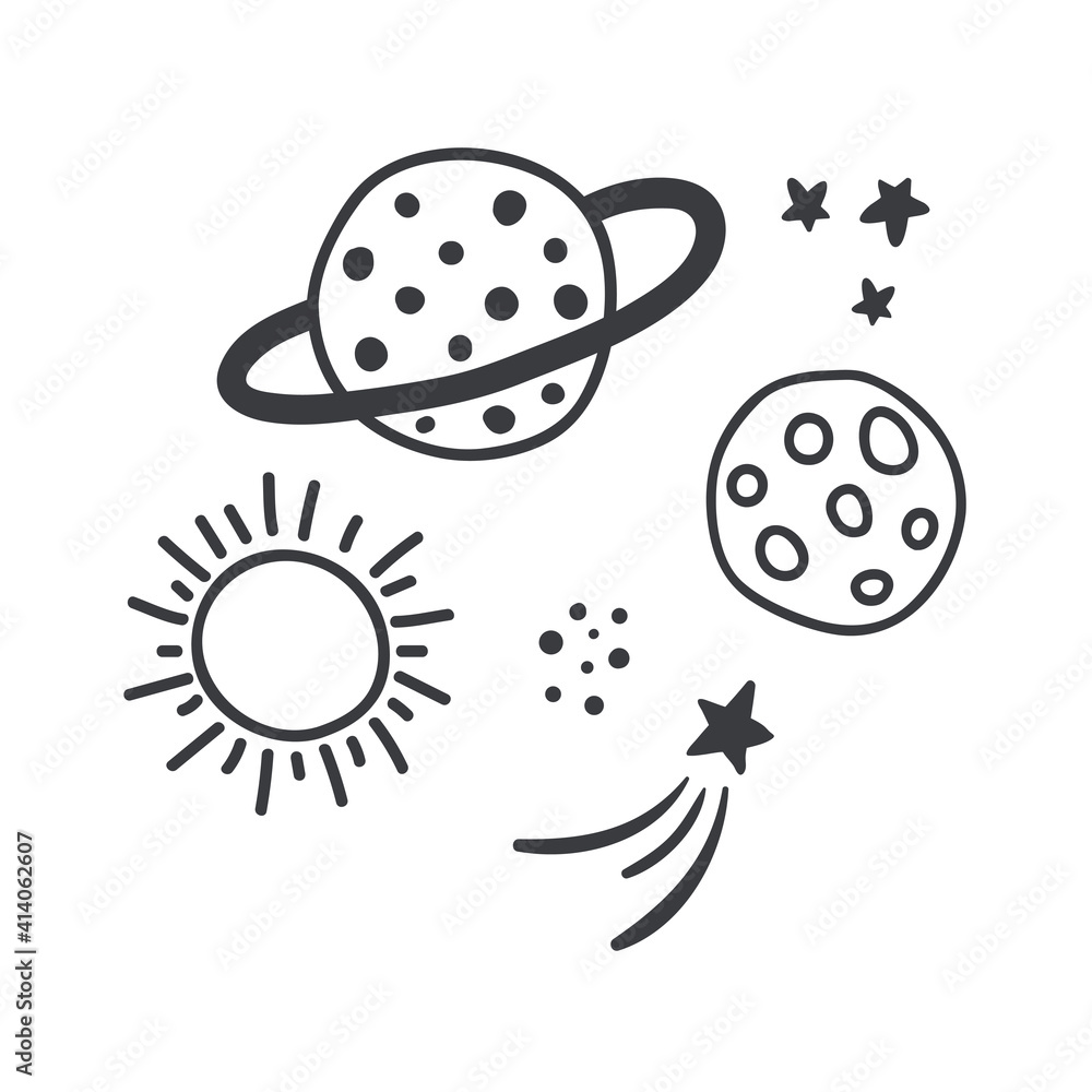 space tattoo, stars and planets, white background