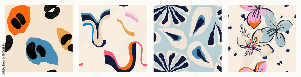 Naklejka premium Modern colorful patterns. Hand drawn trendy abstract illustrations. Creative collage seamless patterns. 