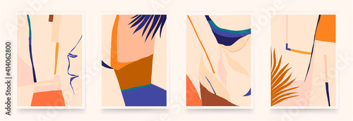 Modern abstract aesthetic illustrations with colorful plants. Contemporary wall decor. Collection of creative artistic posters. 