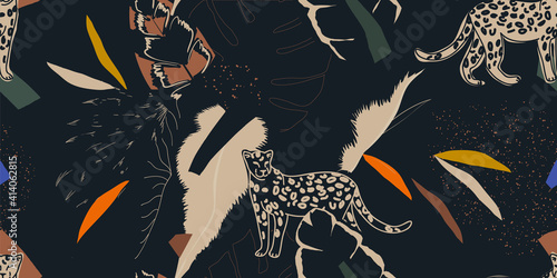 Hand drawn abstract jungle pattern with leopards. Creative collage contemporary seamless pattern. Fashionable template for design.