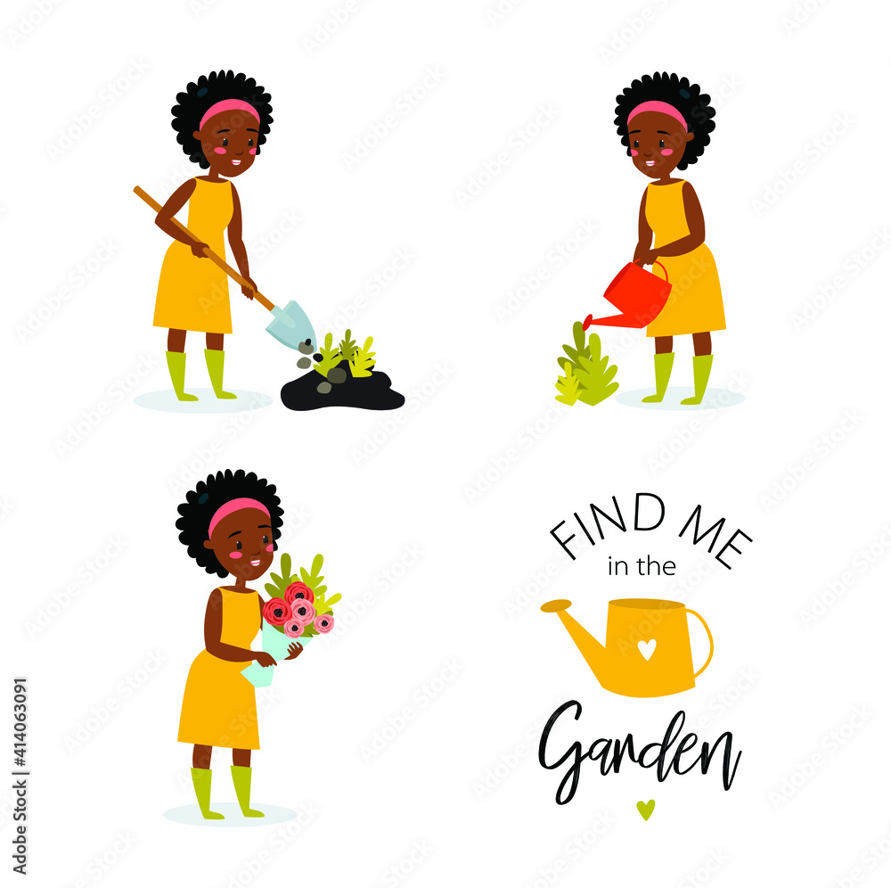 Gardener girl. Beautiful african american woman is planting flowers, watering flowers, collecting a bouquet. Ecology. Summer. Work in the garden. Florist. Cartoon character. Gardener girl. Beautiful african american woman is planting flowers, watering flowers, collecting a bouquet. Ecology. Summer. Work in the garden. Florist. Cartoon character.