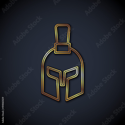 Gold line Greek helmet icon isolated on black background. Antiques helmet for head protection soldiers with a crest of feathers or horsehair. Vector.