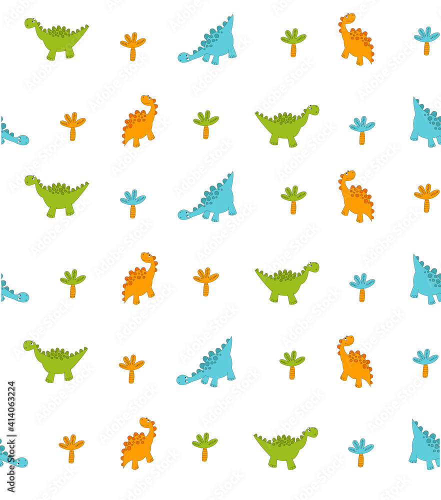 Obraz premium Pattern with cartoon dinosaurs. Colored dinosaurs on a white background. Seamless pattern. 