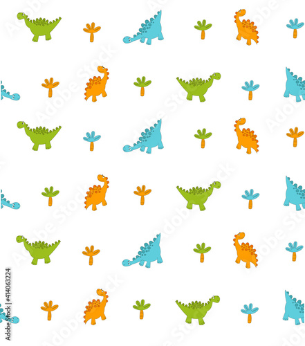 Pattern with cartoon dinosaurs. Colored dinosaurs on a white background. Seamless pattern.  © olga