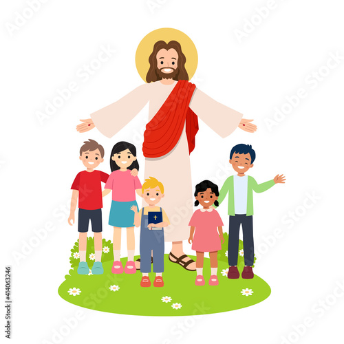 Jesus Christ with children of different races. Bible study group clip art isolated. Flat vector cartoon style.