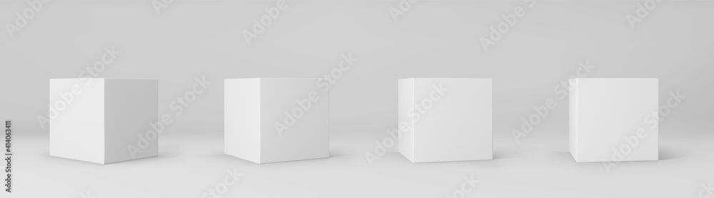 White 3d cubes set with perspective isolated on grey background. 3d modeling box with lighting and shadow. Realistic vector icon White 3d cubes set with perspective isolated on grey background. 3d modeling box with lighting and shadow. Realistic vector icon
