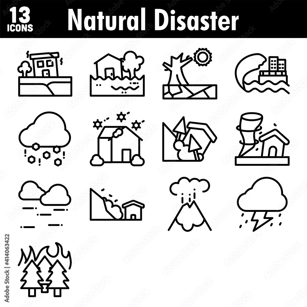 Isolated Illustration of Natural Disaster Icon Set in Line Art. Isolated Illustration of Natural Disaster Icon Set in Line Art.