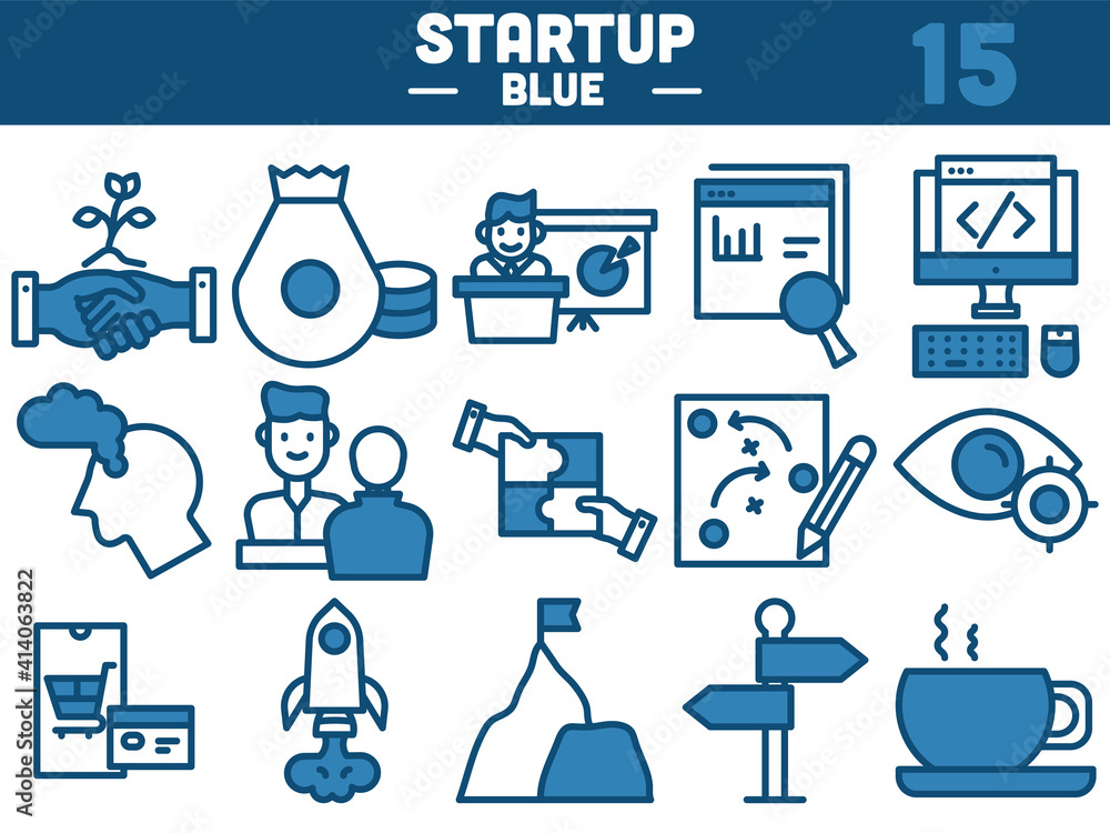 Blue And White Color Set of Startup Icon In Flat Style. Blue And White Color Set of Startup Icon In Flat Style.