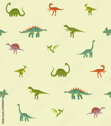 Fototapeta Naklejka Na Ścianę i Meble -  Pattern with dinosaurs. seamless background for kids. Jurassic Park. Paleontology. Baby cloth. Cartoon dinosaurs. Triceratops, tyrannosaurus, pterodactyl, brachiosaurus, stegosaurus.
