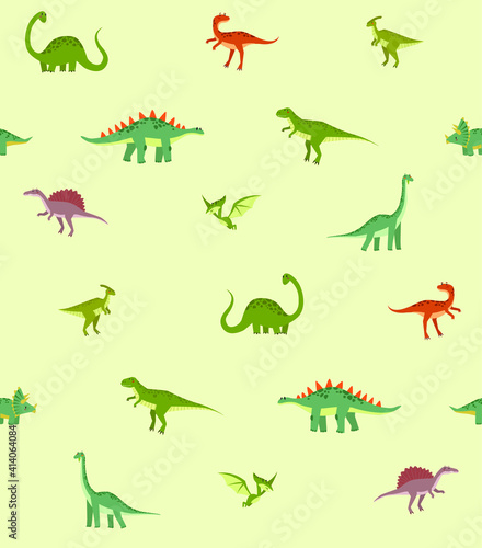 Fototapeta Naklejka Na Ścianę i Meble -  Vector pattern with dinosaurs. seamless background for kids. Jurassic Park. Paleontology. Baby cloth. Cartoon dinosaurs. Triceratops, tyrannosaurus, pterodactyl, brachiosaurus, stegosaurus.
