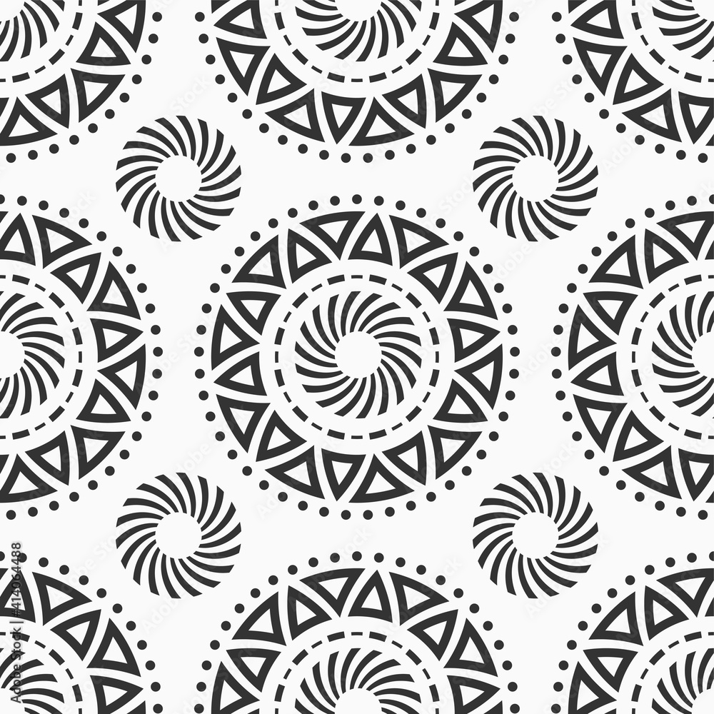 Plakat Abstract seamless pattern with circle shapes, made of triangles, striped circles. Repeating geometric ethnic ornament. Modern stylish texture. Vector monochrome background.