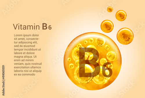 Vitamin B6. Baner with vector images of golden balls with oxygen bubbles. Health concept.