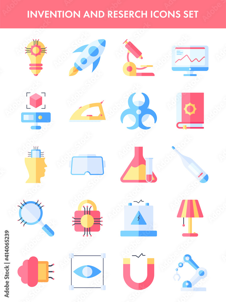 Invention And Research Icons Set In Flat Style. Invention And Research Icons Set In Flat Style.
