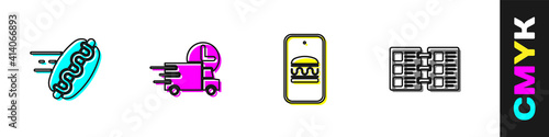 Set Online ordering hotdog, Fast delivery by car, and and Restaurant cafe menu icon. Vector.