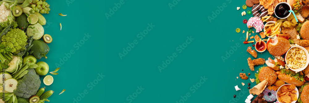 Naklejka premium Fast and healthy food compared on turquoise background. Unhealthy set of burgers, sauces, french fries in comparison with set of vegetables, fruits, organic green avocado, cabbage, nuts, citruses.