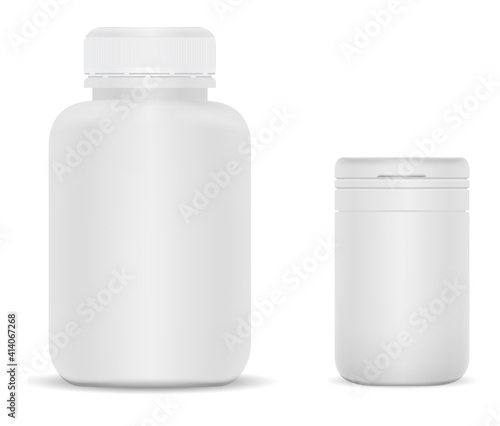 White plastic supplement jar. Vitamin bottle vector blank, 3d cylinder package. Large pharmaceutical pill pack. Round tablet tube, empty matte plastic can, realistic aspirin medication packaging