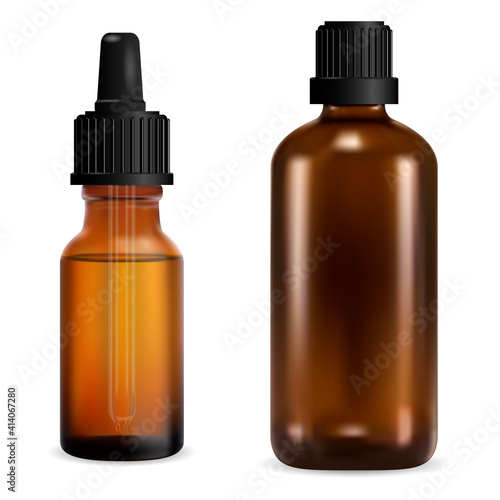 Brown glass bottle. Medical dropper container with black cap. Essential oil vial, cosmetic serum mock up. Amber template of pharmaceutical tincture packaging blank. Chemical jar, screw cap