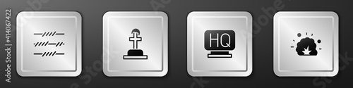 Set Barbed wire, Soldier grave, Military headquarters and Bomb explosion icon. Silver square button. Vector.