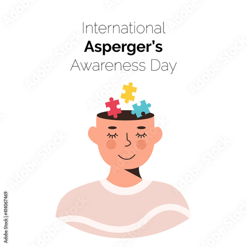 International Asperger Awareness Day Card. Smiling person face with colorful puzzle pieces in his head. Children with Autism disorder. Social Difficulty. Mental disability. Vector Poster. Illustration