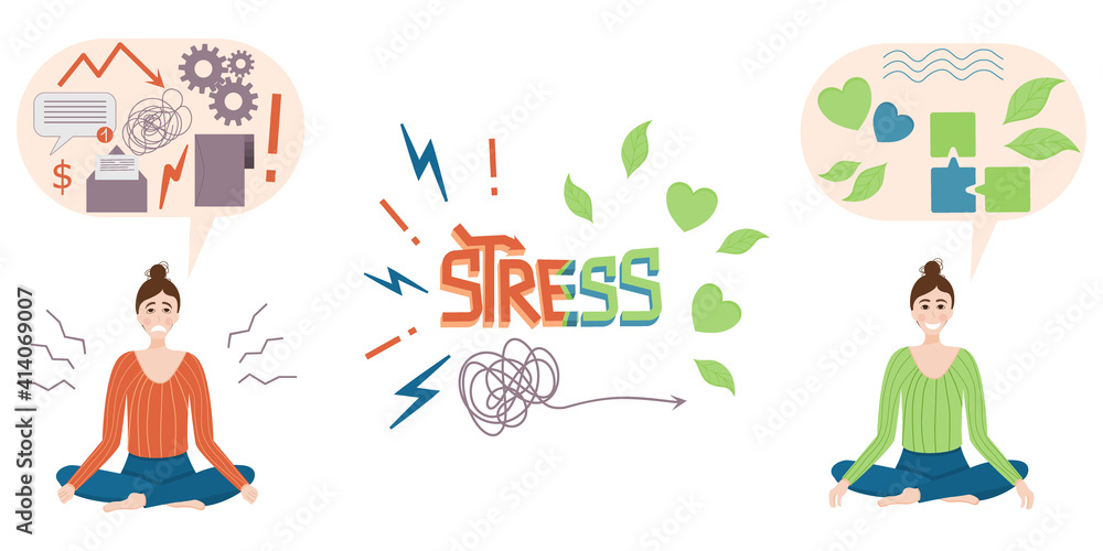 The concept of calm. Nervous stressed woman calms down. Get rid of work problems and find peace. Lettering stress. Vector illustration.
