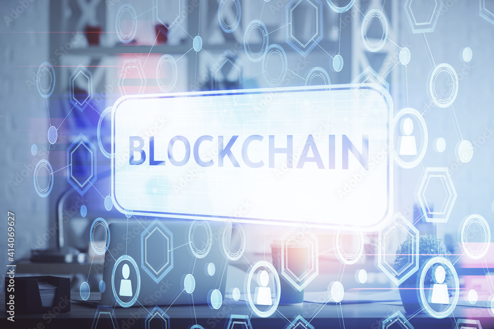 Double exposure of crypto technology theme drawing and office interior background. Concept of blockchain. Double exposure of crypto technology theme drawing and office interior background. Concept of blockchain.