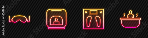 Set line Bathroom scales, Eye sleep mask, Aroma lamp and Bathtub. Glowing neon icon. Vector.