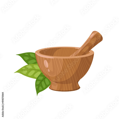 Herbs and wooden mortar. Vector illustration cartoon flat icon isolated on white background.