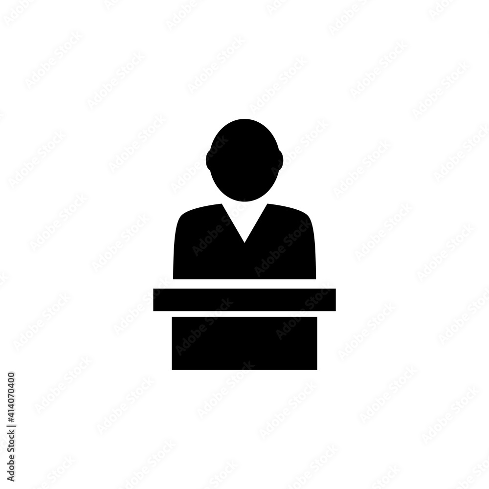 Speaker on Tribune, Political Spokesman. Flat Vector Icon illustration. Simple black symbol on white background. Speaker Tribune Political Spokesman sign design template for web and mobile UI element.