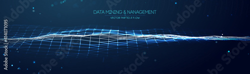 Data mining and management. Flow banner data transfer science illustration. Finance concept business software blue technology background. Digital information network connection. Vector illustration