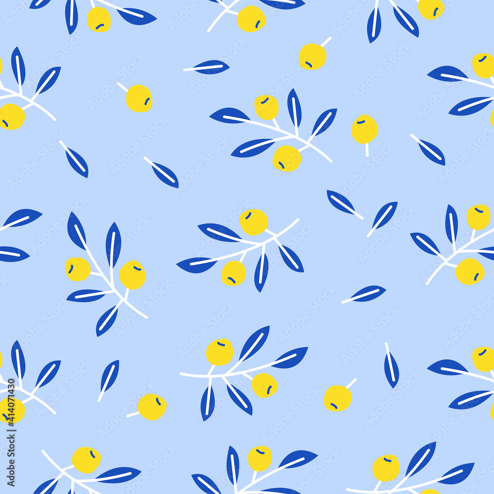 Cute floral seamless pattern with branches and berries.  For printing on paper, textiles of all sizes. Vector illustration.