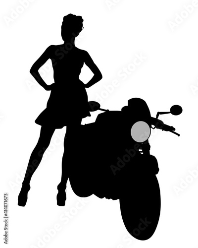 Beauty women on sports motorcycle. Isolated silhouette on a white background