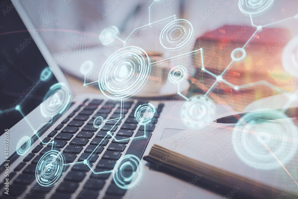 Double exposure of social network drawing and desktop with coffee and items on table background. Concept of international connection. Double exposure of social network drawing and desktop with coffee and items on table background. Concept of international connection.