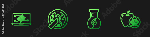Set line Test tube and flask, Genetic engineering modification, Petri dish with bacteria and Genetically modified apple. Gradient color icons. Vector.