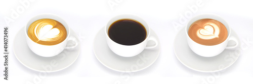A row of 3 coffee cups full of smooth Americano on a white table with foams and shapes of leaf and heart
