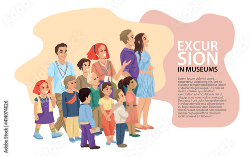 Group of people of different ages, adults and children, an illustration for a tourist museum or art gallery. Sightseeing guide, education for schoolchildren and adults. Vector illustration