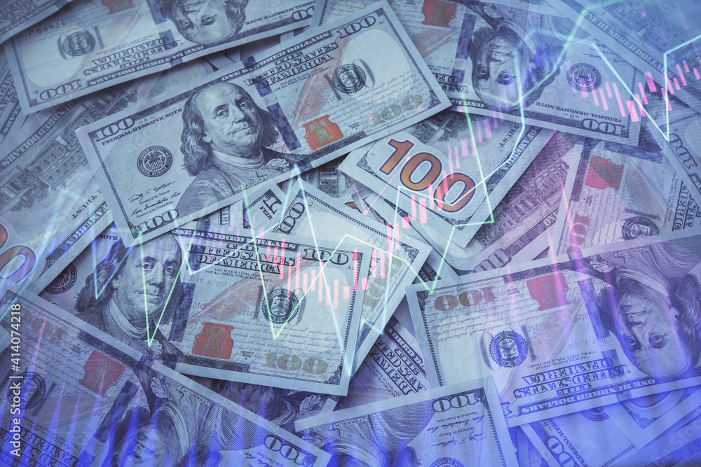 Double exposure of forex graph drawing over us dollars bill background. Concept of financial markets. Double exposure of forex graph drawing over us dollars bill background. Concept of financial markets.