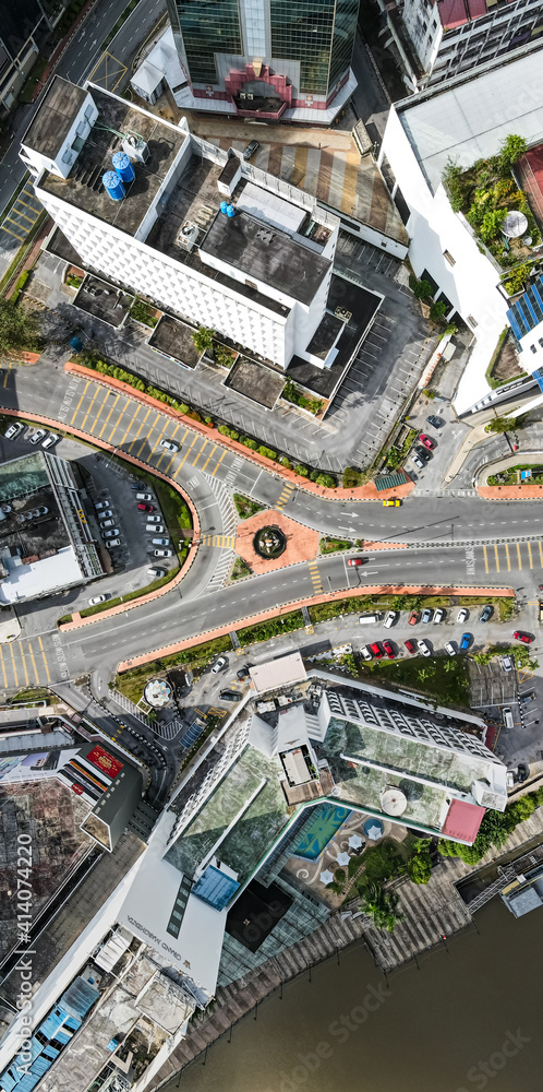 Top down aerial view of road network at the famous Golden Triangle In Kuching City, Sarawak