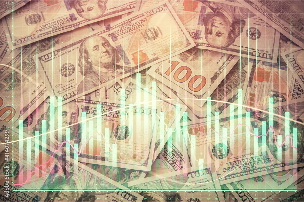 Multi exposure of forex chart drawing over us dollars bill background. Concept of financial success markets. Multi exposure of forex chart drawing over us dollars bill background. Concept of financial success markets.
