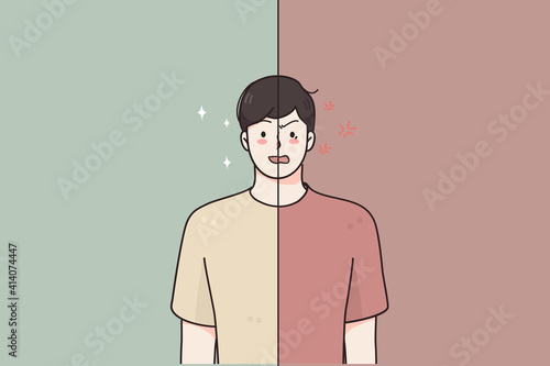 Mental problems, bipolar disorder concept. Young man cartoon character standing with double face expression showing happy and aggressive facial emotions vector illustration 