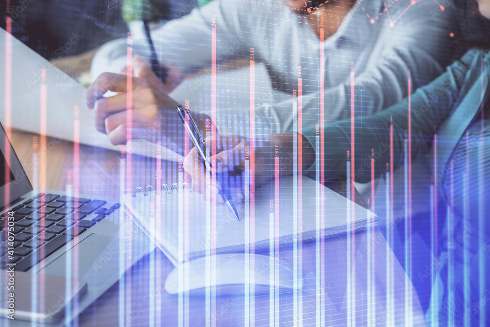 Double exposure of forex chart drawing over people taking notes background. Concept of financial analysis Double exposure of forex chart drawing over people taking notes background. Concept of financial analysis