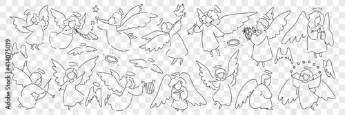 Angel creatures with wings and halo doodle set. Collection of hand drawn looks little angels of saint characters playing musical instruments taking care of birds isolated on transparent background