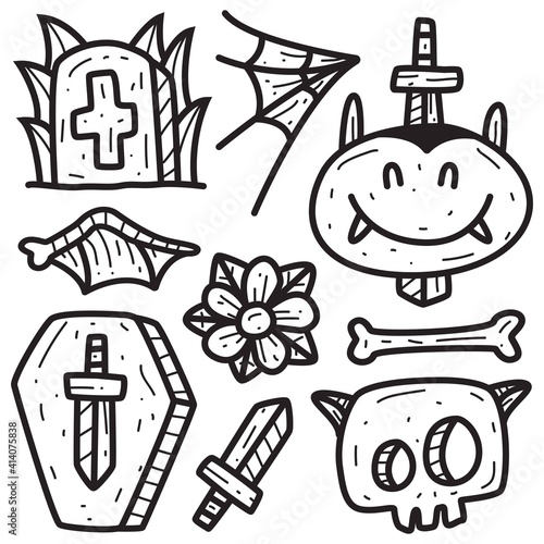 hand drawn vampire cartoon doodle design for wallpaper, stickers, coloring books, pins, emblems, logos and more photo