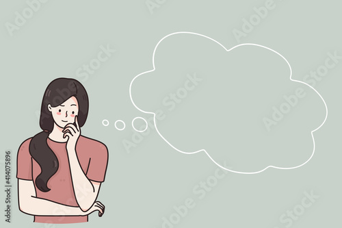 Serious facial expression, memory, thinking concept. Brunette woman carton character standing looking pensive trying to remember something with blank speech bubble illustration on grey wall