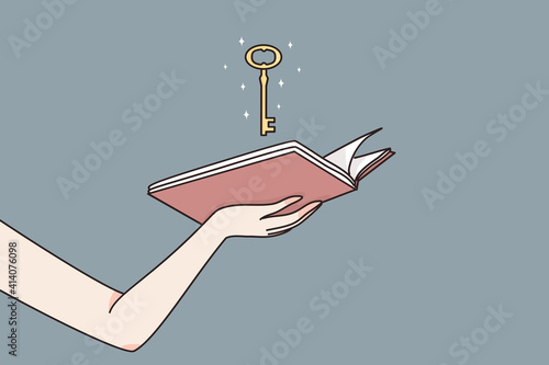 Intelligence, education, unlimited access to knowledge concept. Female hands holding open book with magic golden key meaning chance to unlock wisdom in studying vector illustration 