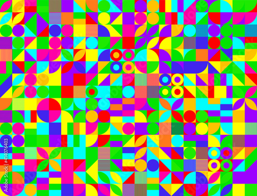 Colorful neo geometric poster. Grid with color geometrical shapes. Modern abstract promotional flyer background vector illustration. Geometric template poster, brochure neo pattern