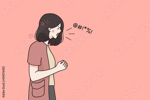Rage, hate, aggression concept. Screaming crying emotional angry woman cartoon character standing and shouting with negative emotions over pink background vector illustration 