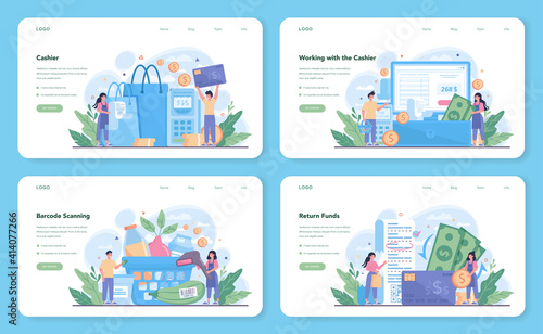 Cashier web banner or landing page set. Worker behind the cashier counter