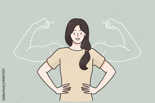 Woman power, female self confidence, high esteem concept. Brave confident smiling woman standing showing biceps shadows facing fears like powerful hero feeling powerful confident with inner strength 