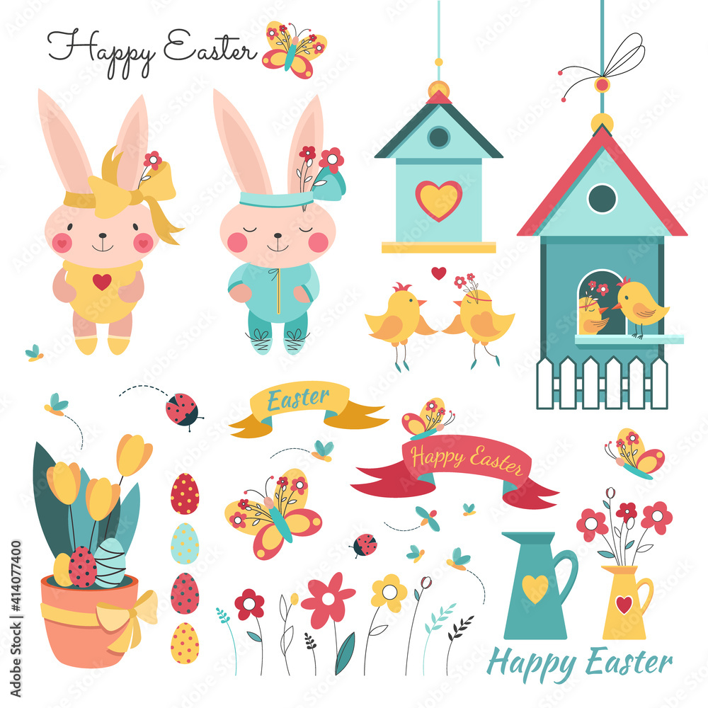 Obraz premium Happy Easter set on a white background. Bunnies with flowers, ribbons and butterflies. Bird house with birds. Holiday design collection for banner, invitation, poster, stickers.