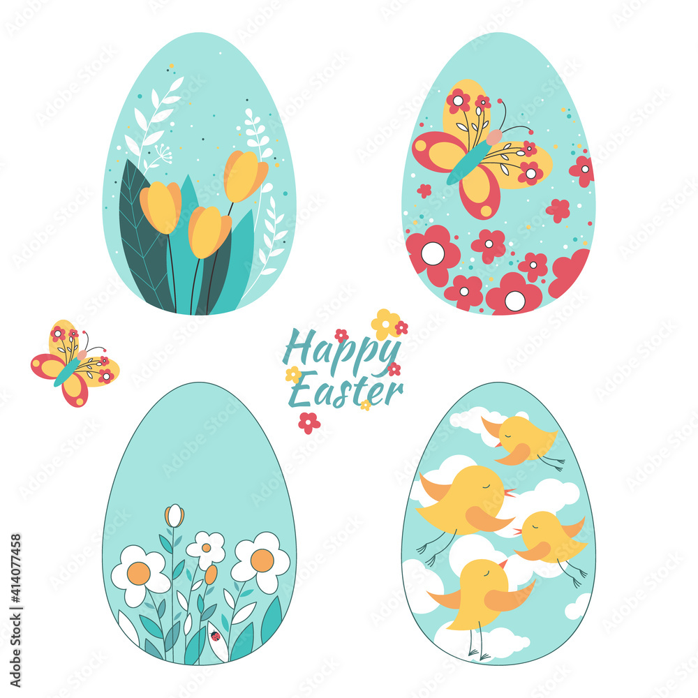 Easter eggs with flowers, birds and butterfly on a white background. Happy Easter. Holiday design collection for banner, invitation, poster. Easter eggs with flowers, birds and butterfly on a white background. Happy Easter. Holiday design collection for banner, invitation, poster.